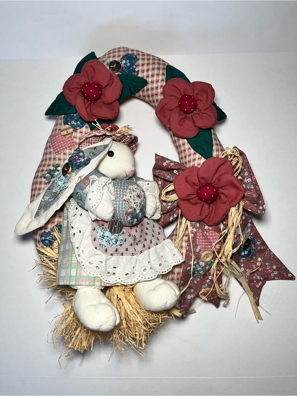 VTG Gingham Paisley Stuffed Bunny Easter Wreath County Cottage-core, Grandma